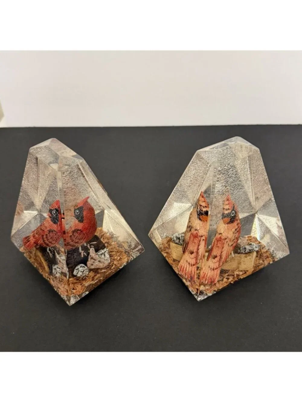 Vintage Lucite Cardinal Bird Paperweights Hand Carved Wood Canada Pair 5”